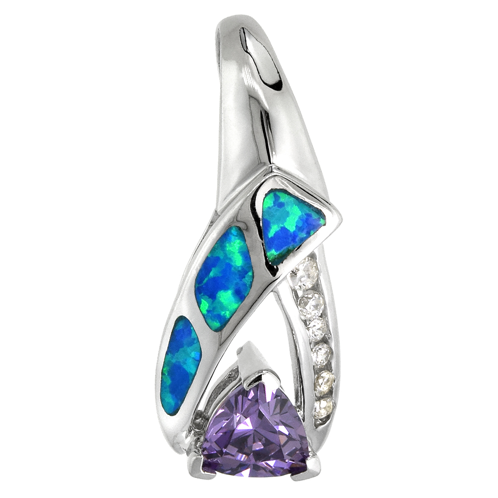 STERLING SILVER SYNTHETIC OPAL PENDANT FOR WOMEN HAND INLAY AMETHYST CZ 7 MM TRILLIUM 1 INCH TALL