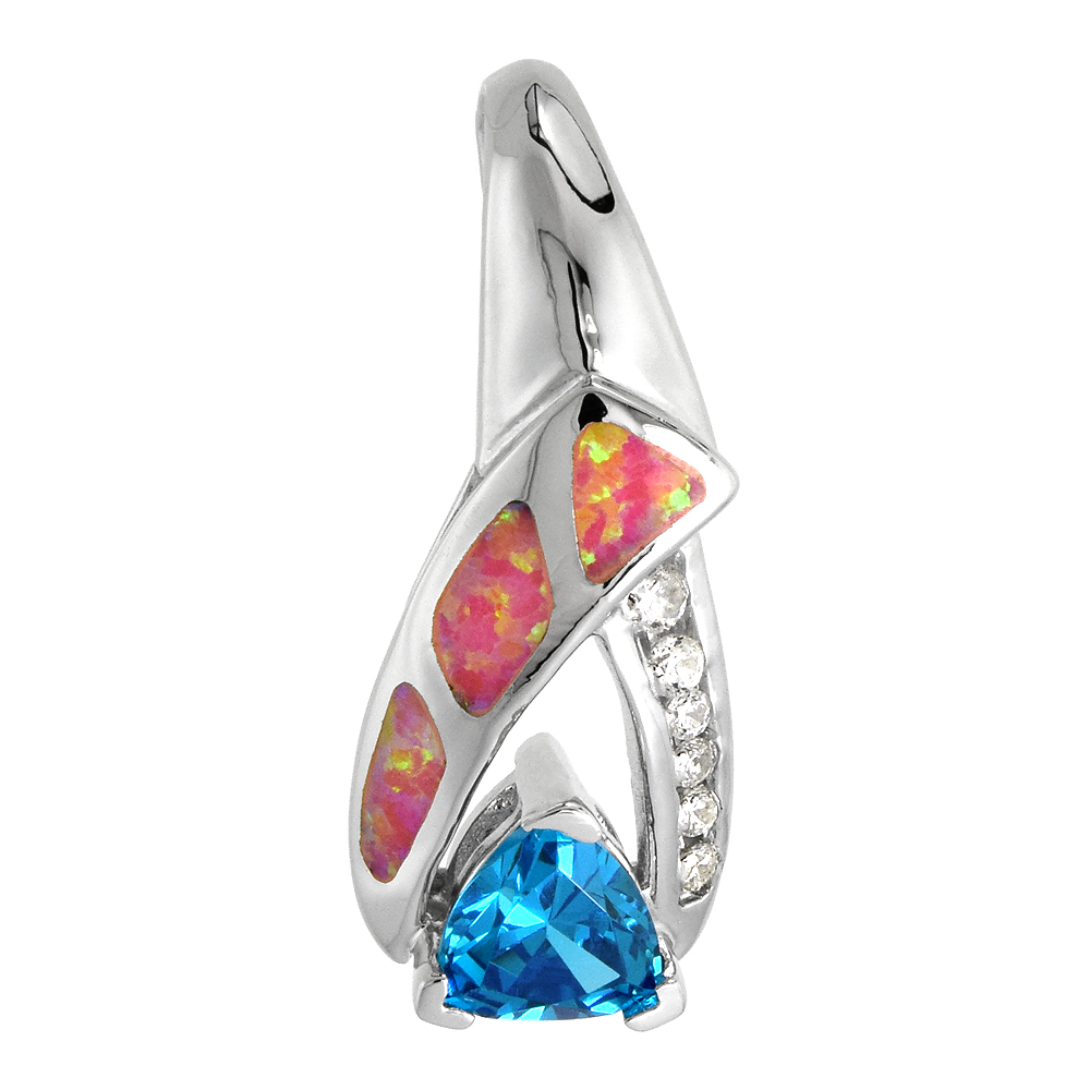 STERLING SILVER SYNTHETIC PINK OPAL BLUE TOPAZ CZ PENDANT FOR WOMEN HAND INLAY 7 MM TRILLIUM 1 INCH TALL