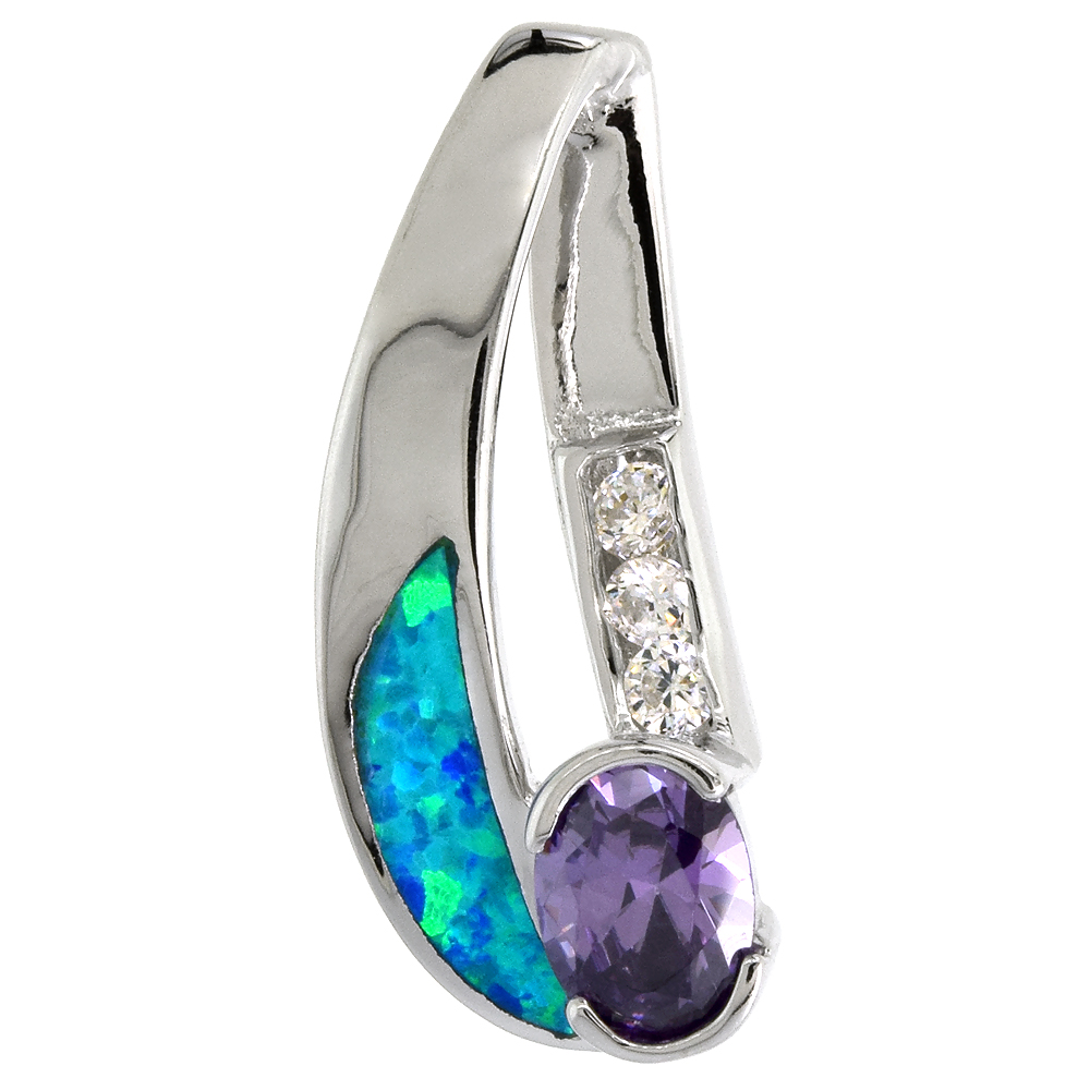 STERLING SILVER SYNTHETIC OPAL PENDANT FOR WOMEN HAND INLAY AMETHYST CZ 7X5 MM CENTER 1 1/8 INCH TALL