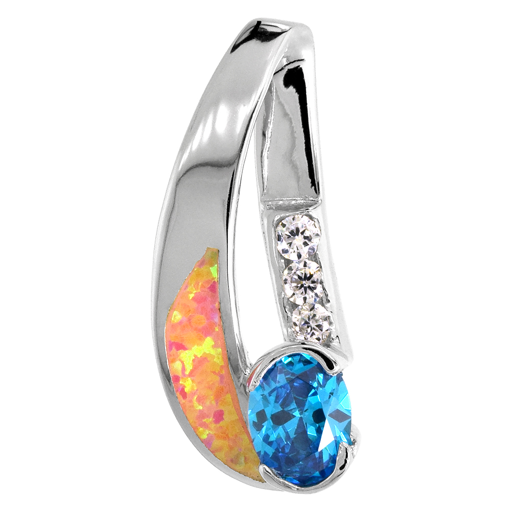 STERLING SILVER SYNTHETIC PINK OPAL BLUE TOPAZ CZ PENDANT HAND INLAY 7X5 MM TRILLION CUT 1 1/8 INCH TALL