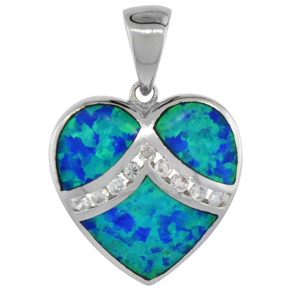 STERLING SILVER SYNTHETIC OPAL HEART PENDANT FOR WOMEN HAND INLAY CUBIC ZIRCONIA ACCENT 3/4 INCH TALL