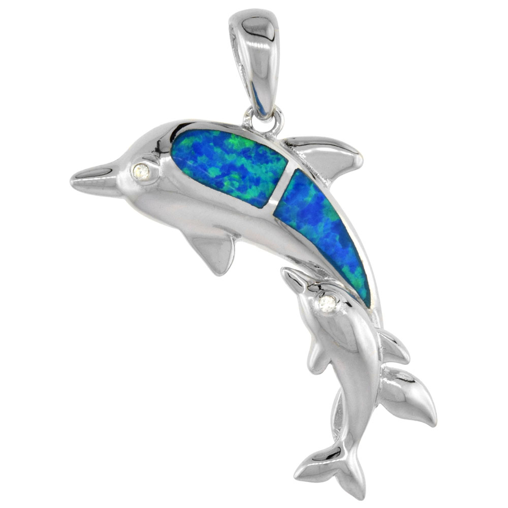 STERLING SILVER SYNTHETIC OPAL MOTHER DOLPHIN PENDANT HAND INLAY CUBIC ZIRCONIA ACCENT 1 1/8 INCH