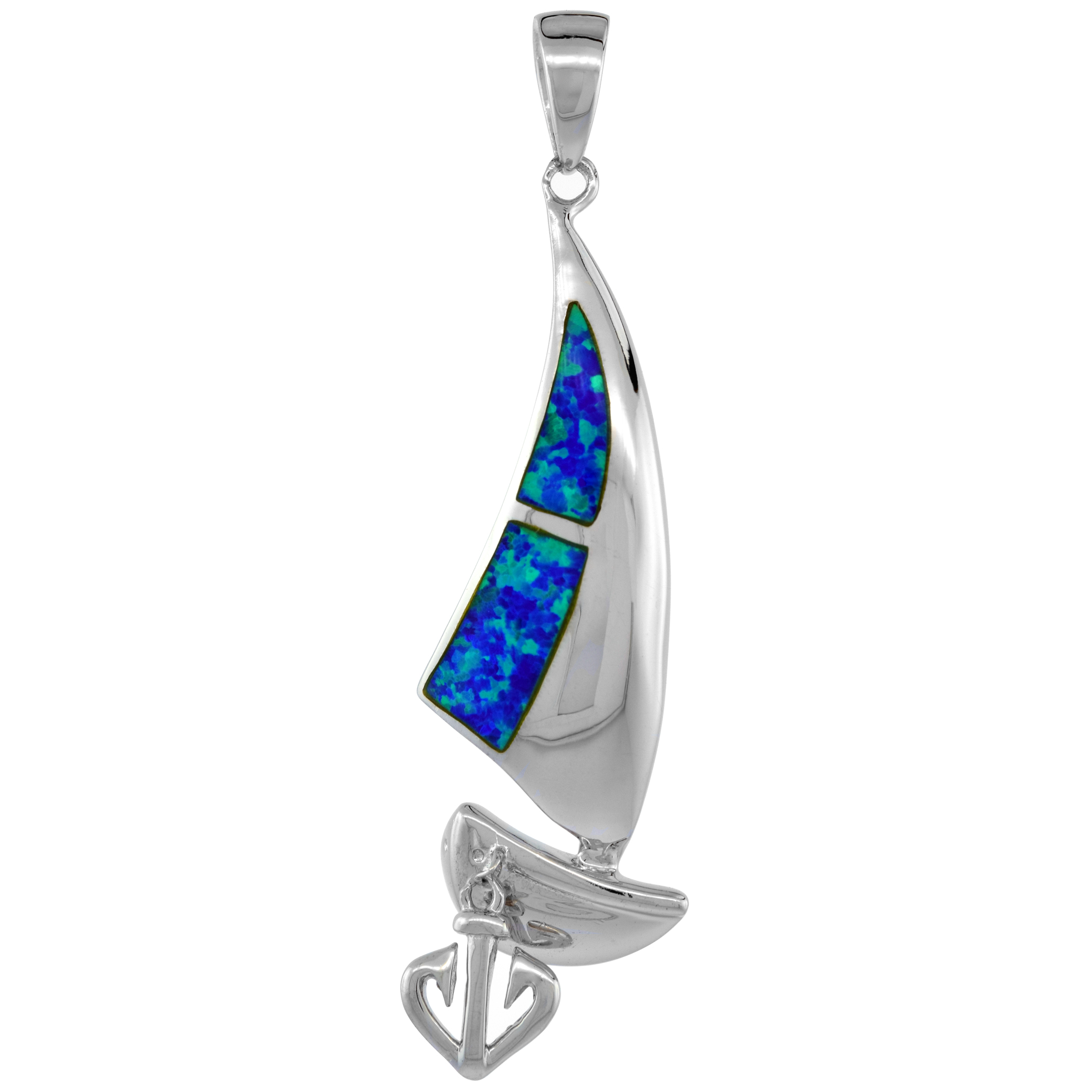 STERLING SILVER SYNTHETIC OPAL SAIL BOAT PENDANT FOR WOMEN HAND INLAY WITH MOVABLE ANCHOR 1 3/4 INCH TALL