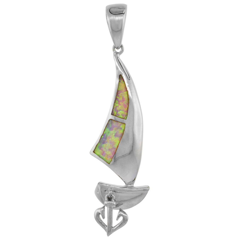 STERLING SILVER SYNTHETIC PINK OPAL SAIL BOAT PENDANT HAND INLAY WITH MOVABLE ANCHOR 1 3/4 INCH TALL