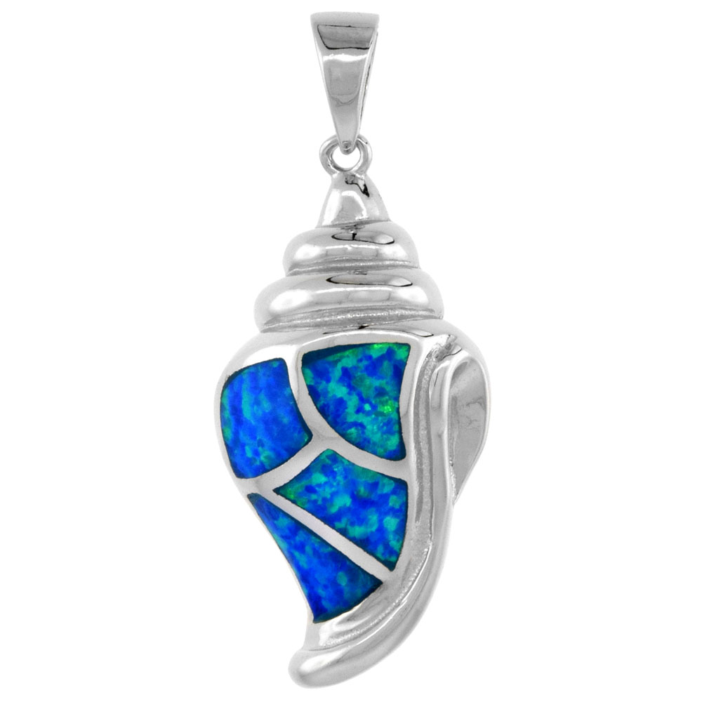STERLING SILVER SYNTHETIC OPAL CONCH SHELL PENDANT HAND INLAY CUBIC ZIRCONIA ACCENT 1 1/8 INCH TALL