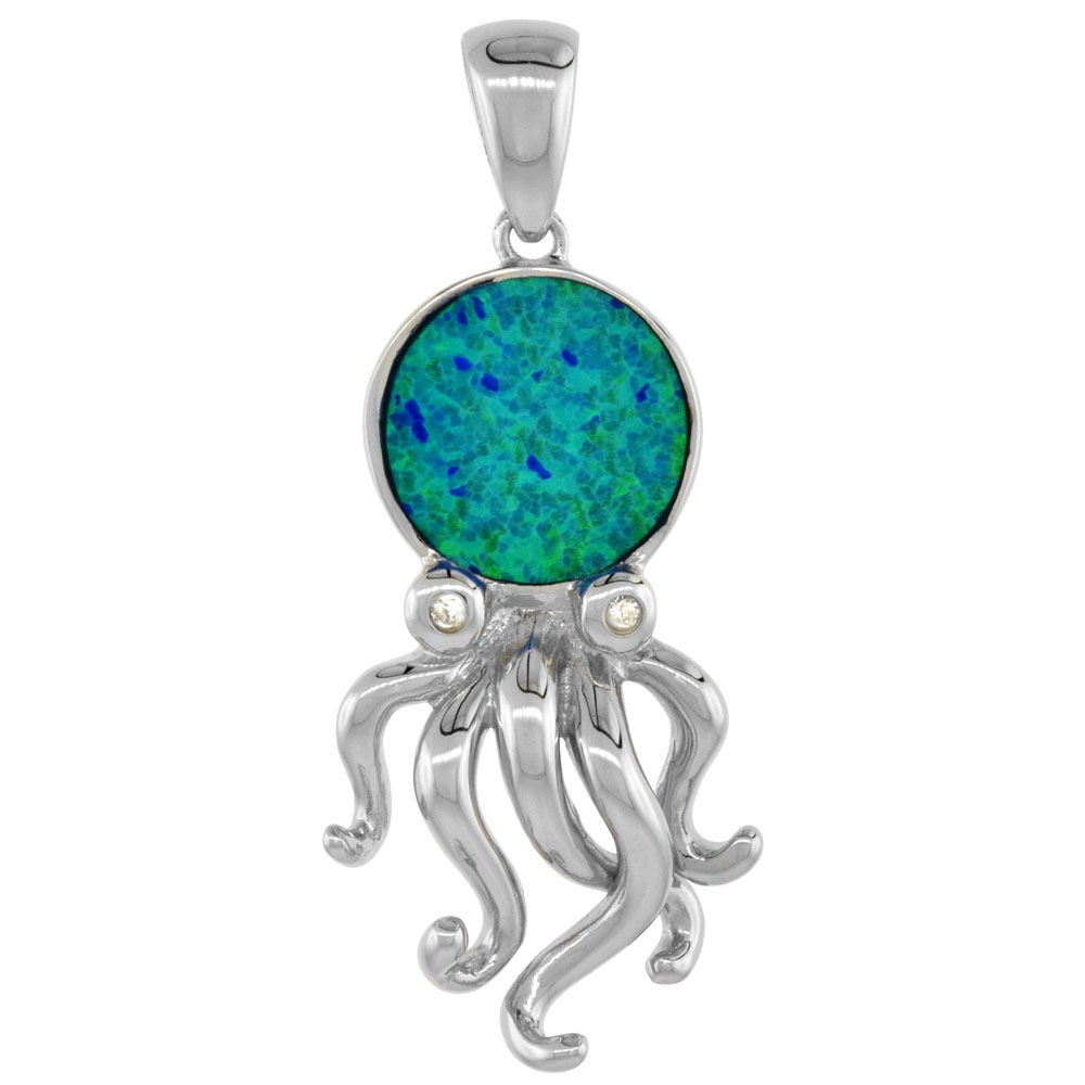 Sterling Silver Synthetic Opal Octopus Necklace for Women CZ Accent 1 1/4 inch ROPH_25