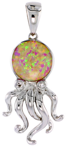 Sterling Silver Synthetic Pink Opal Octopus Necklace Cubic Zirconia Accent 1 1/4 inch ROPH_25