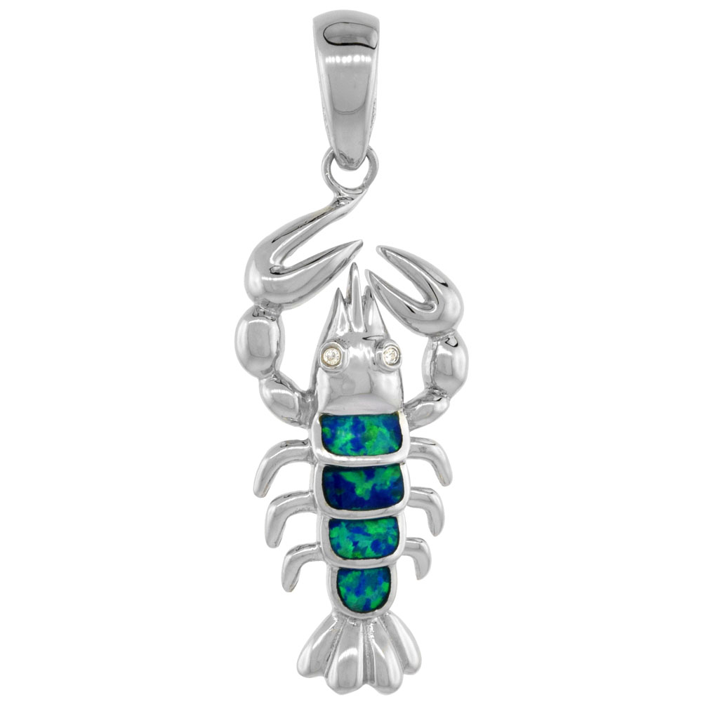 Sterling Silver Synthetic Opal Lobster Necklace for Women CZ Accent 1 3/8 inch ROPH_25