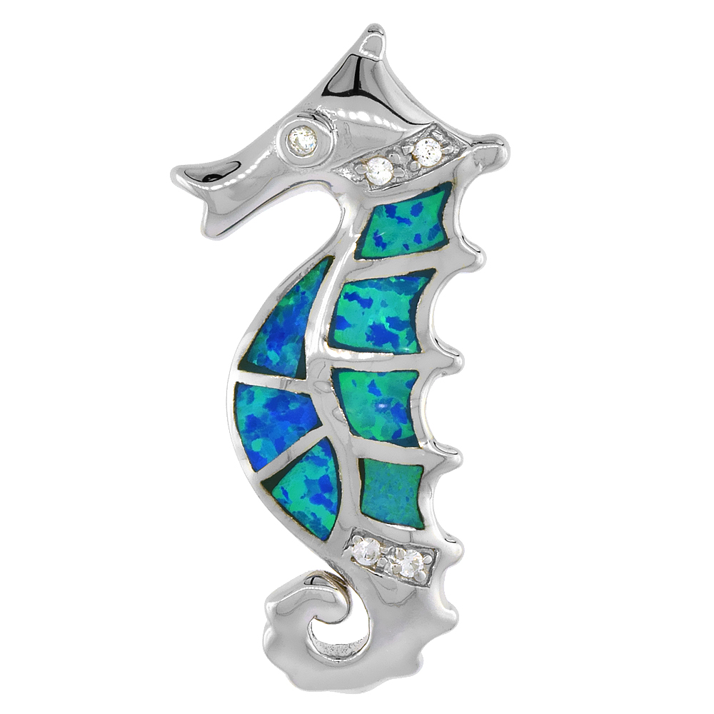 STERLING SILVER SYNTHETIC OPAL SEAHORSE PENDANT FOR WOMEN HAND INLAY & CZ STONES 1 1/4 INCH TALL