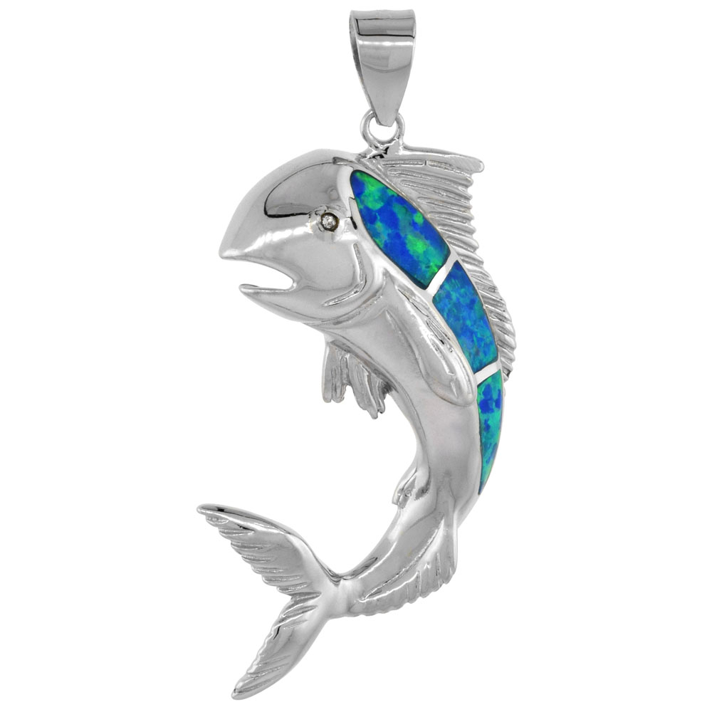 Sterling Silver Synthetic Opal Mahi-Mahi Necklace Cubic Zirconia Accent 1 3/8 inch ROPH_25