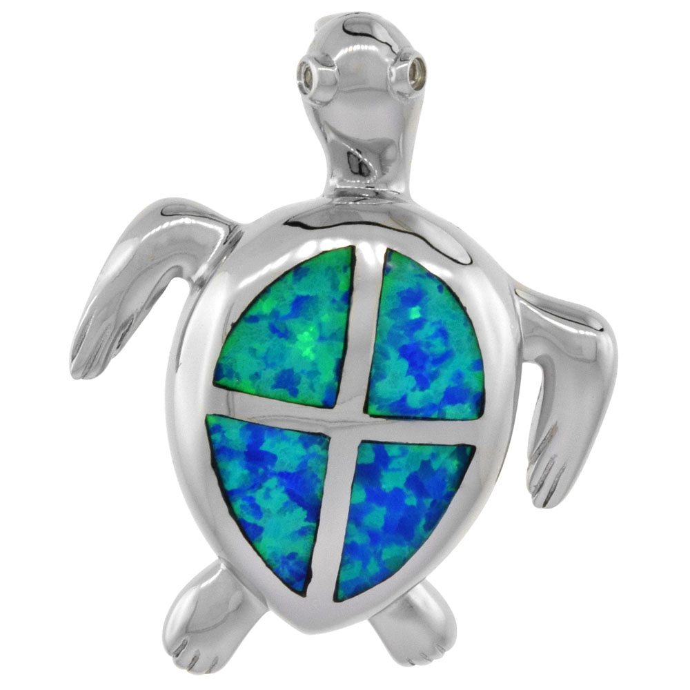 Sterling Silver Synthetic Opal Hawaiian Sea Turtle Necklace CZ Accent 1 3/16 inch ROPH_25