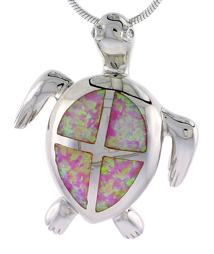 Sterling Silver Synthetic Pink Opal Hawaiian Sea Turtle Necklace CZ Accent 1 3/16 inch ROPH_25