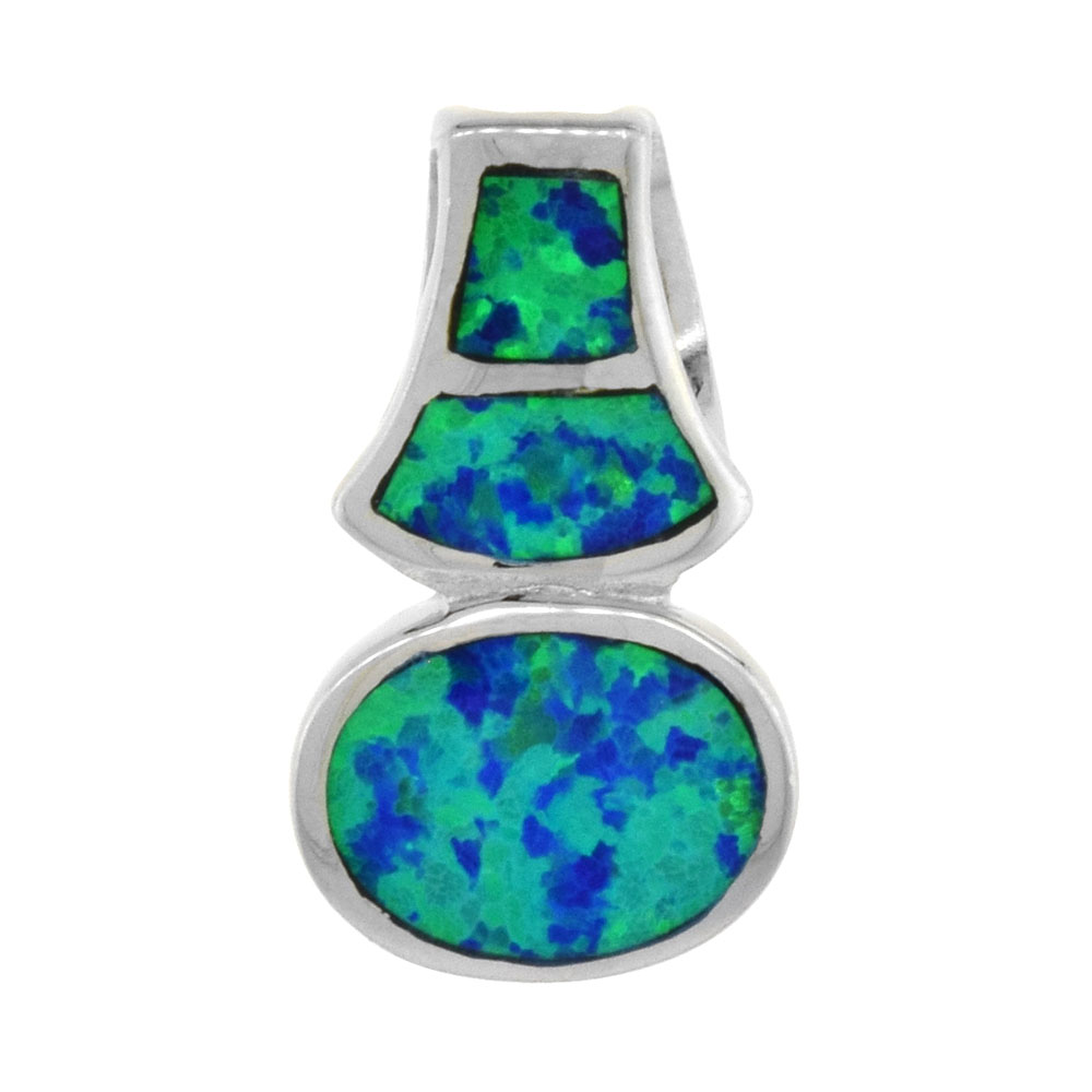 STERLING SILVER SYNTHETIC OPAL OVAL SLIDE PENDANT FOR WOMEN HAND INLAY 11/16 INCH TALL