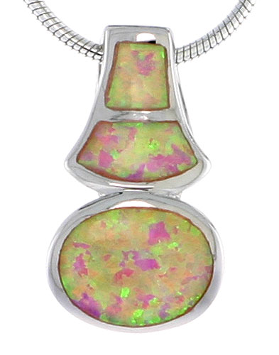 Sterling Silver Synthetic Pink Opal Oval Slide Necklace for Women Hand Inlay 11/16 inch ROPH_25