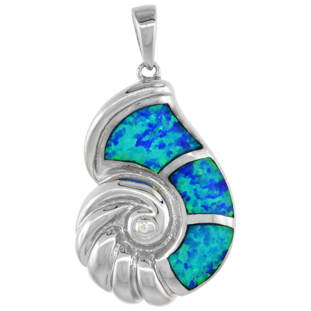 Sterling Silver Synthetic Opal Seashell Necklace Cubic Zirconia Accent 1 1/8 inch ROPH_25