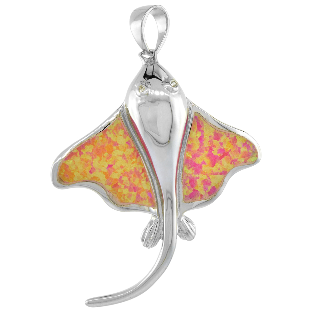 STERLING SILVER SYNTHETIC PINK OPAL STINGRAY PENDANT HAND INLAY CUBIC ZIRCONIA ACCENT 1 5/8 INCH TALL