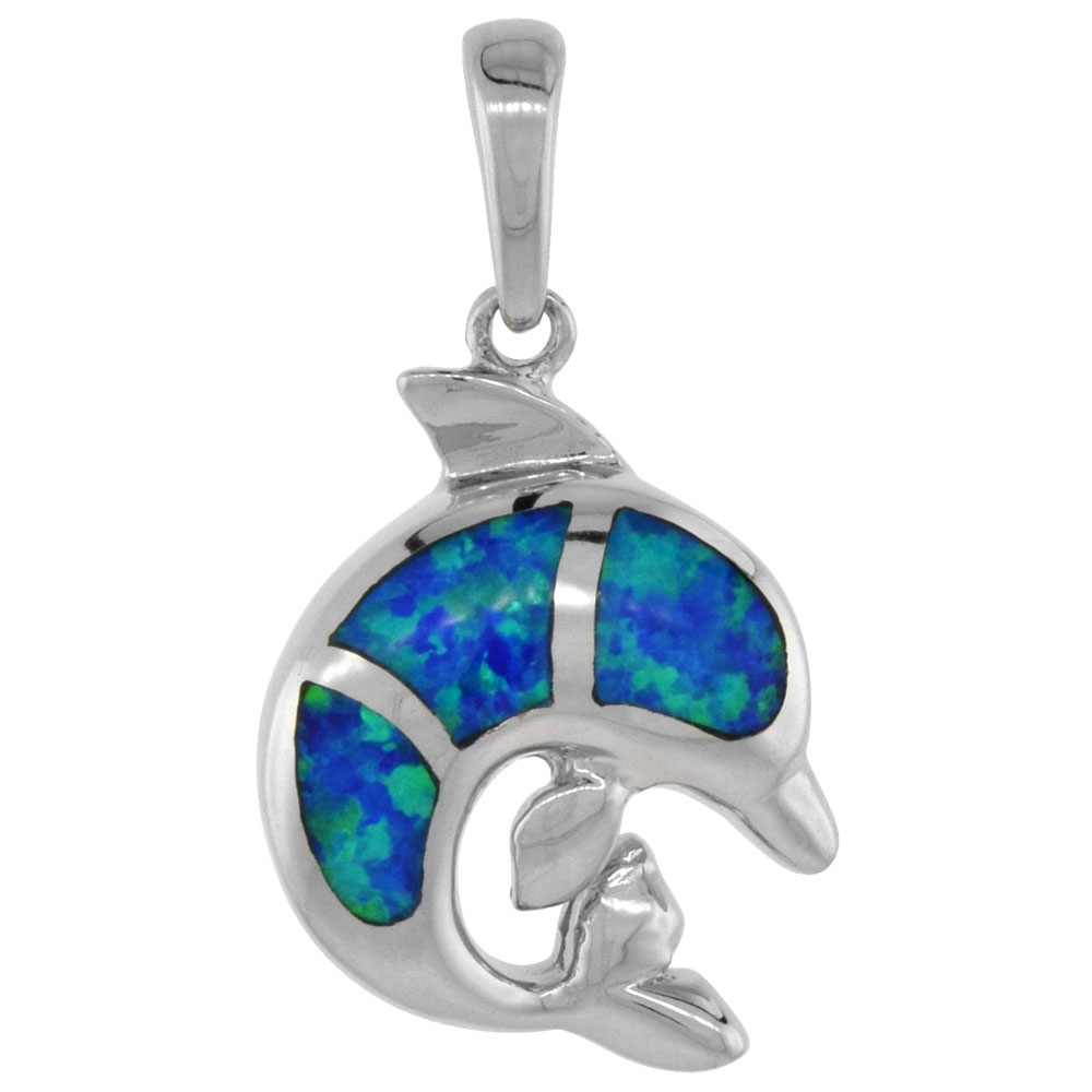 STERLING SILVER SYNTHETIC OPAL DOLPHIN PENDANT FOR WOMEN HAND INLAY 11/16 INCH LONG