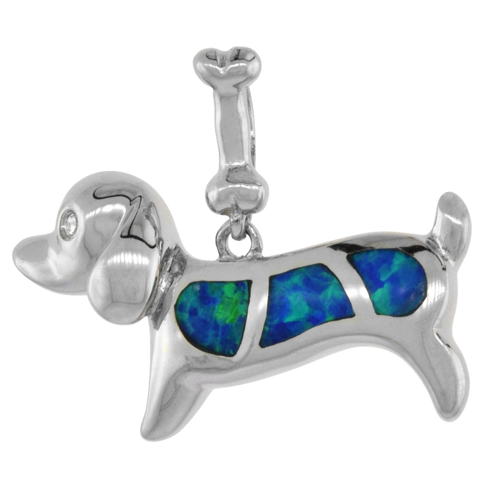 Sterling Silver Synthetic Opal Dog Necklace for Women CZ Accent Hand Inlay 3/4 inch long ROPH_25