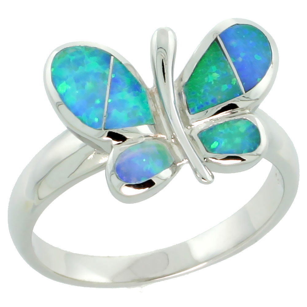 STERLING SILVER BLUE SYNTHETIC OPAL BUTTERFLY RING FOR WOMEN ROUNDED WINGS 7/16 INCH