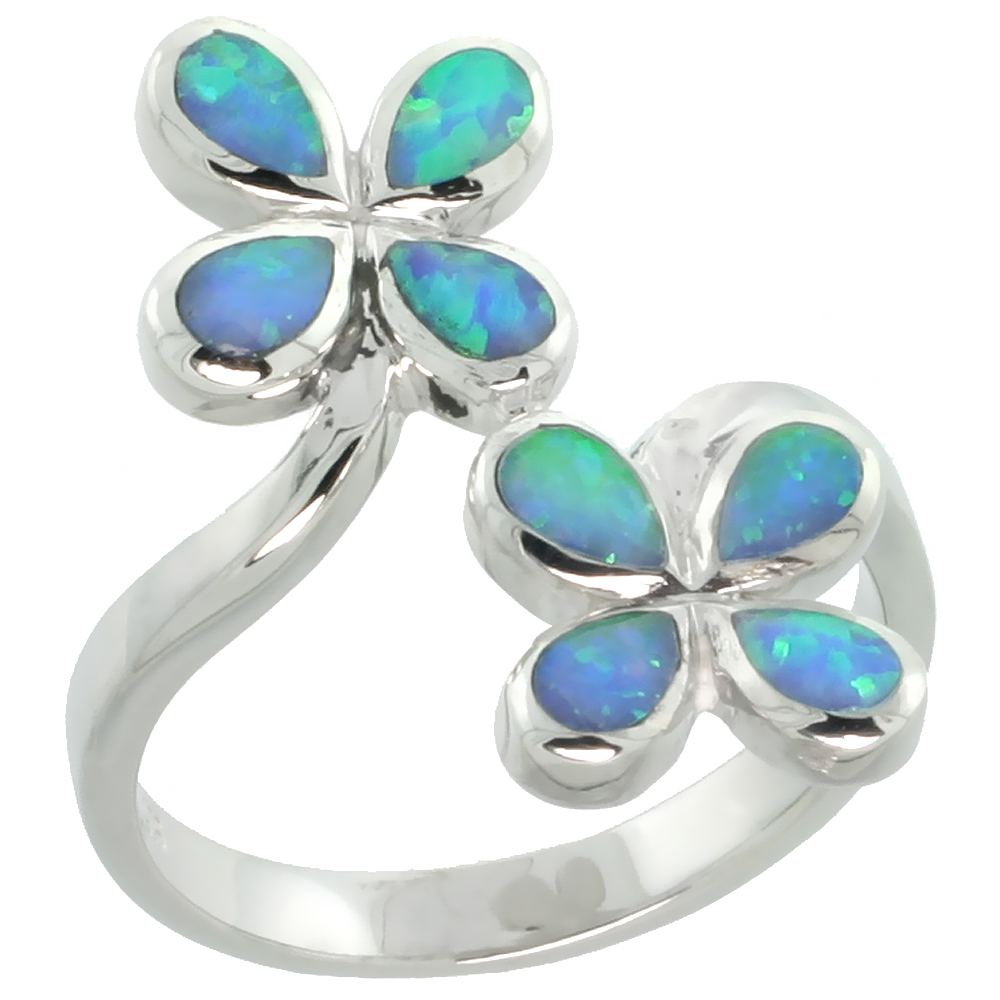 STERLING SILVER BLUE SYNTHETIC OPAL 4 PETAL FLOWER BYPASS RING FOR WOMEN TEARDROP INLAY 13/16 INCH