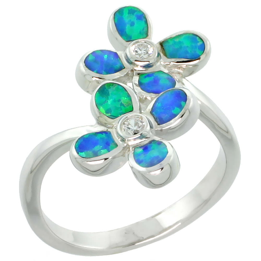 STERLING SILVER BLUE SYNTHETIC OPAL HAWAIIAN FLOWER RING FOR WOMEN CZ ACCENT 11/16 INCH