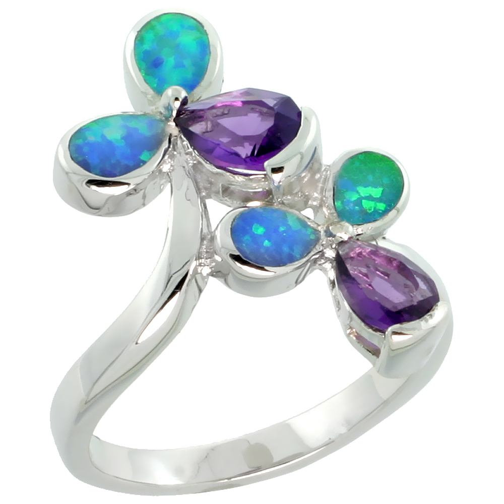 STERLING SILVER BLUE SYNTHETIC OPAL 3 PETAL FLOWER BYPASS RING FOR WOMEN TEARDROP AMETHYST CZ 11/16 INCH