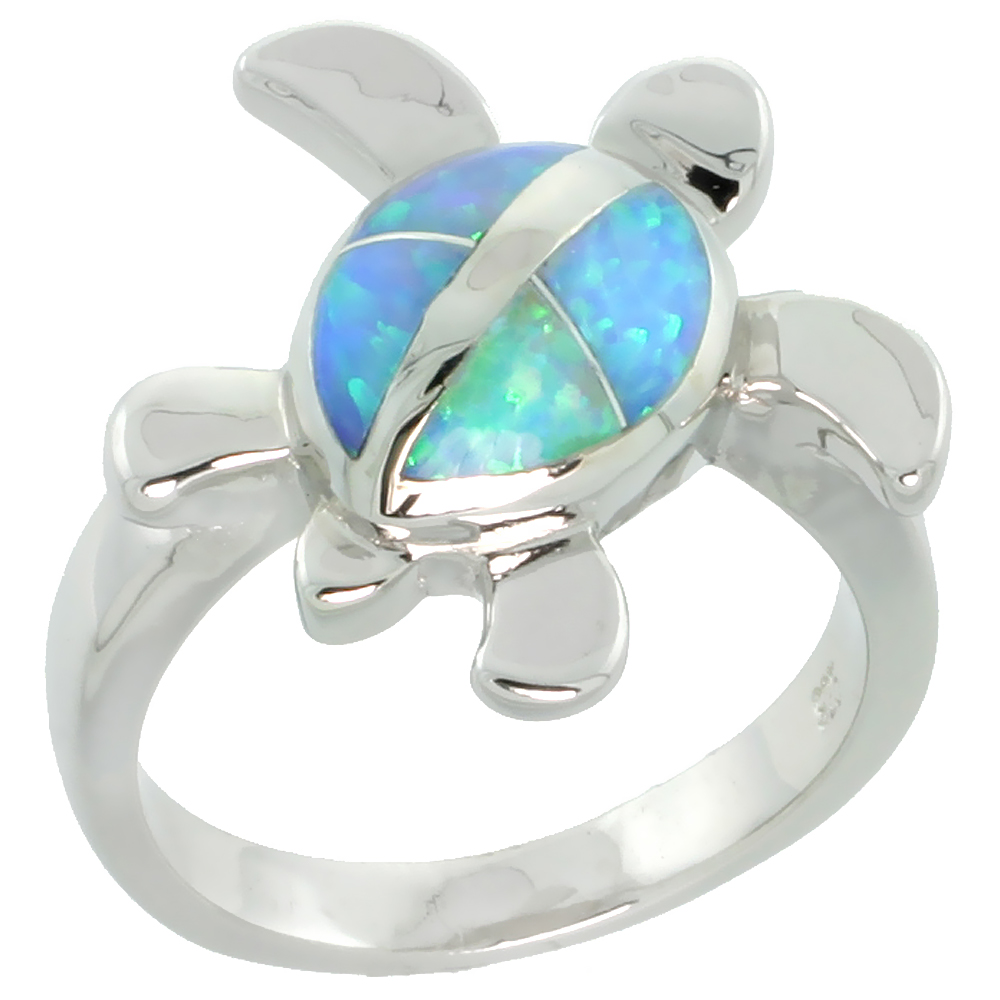 Sterling Silver Blue Synthetic Opal Hawaiian Honu Turtle Ring for Women 5/8 inch