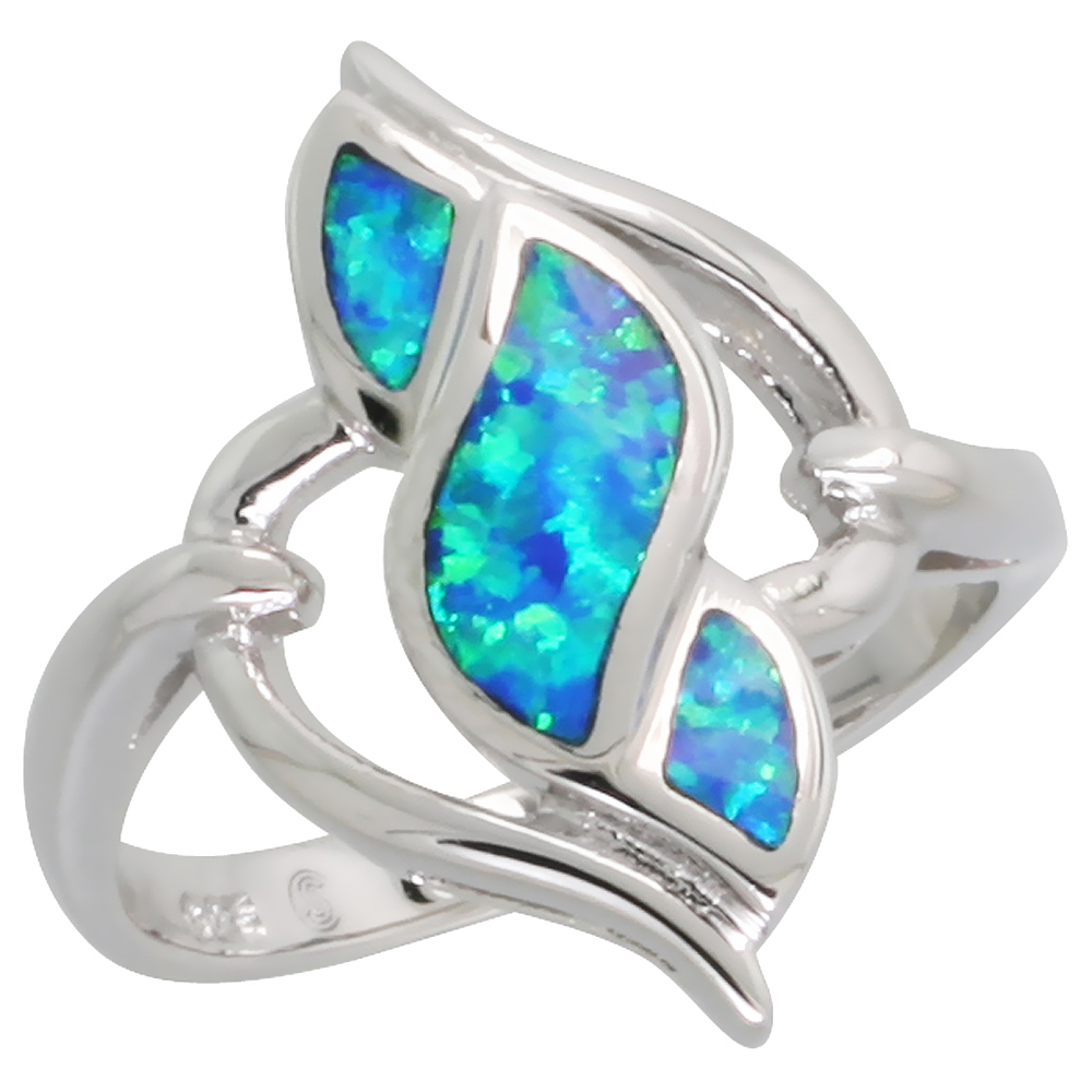 STERLING SILVER BLUE SYNTHETIC OPAL DOUBLE POINTED SPIRAL RING FOR WOMEN 13/16 INCH