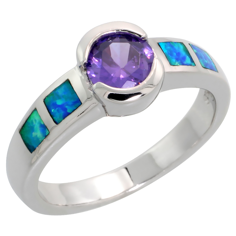 STERLING SILVER BLUE SYNTHETIC STERLING SILVER CZ AMETHYST SOLITAIRE RING FOR WOMEN HALF BEZEL SET WITH SQUARE LAB OPAL INLAY SIDES13/16 INCH