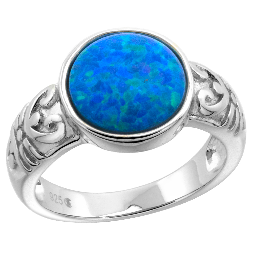 STERLING SILVER SYNTHETIC OPAL 10MM ROUND BEZEL SET CABOCHON RING FOR WOMEN WITH FERTILITY SYMBOL SIDES 7/16 INCH ROUND SIZES 6-9