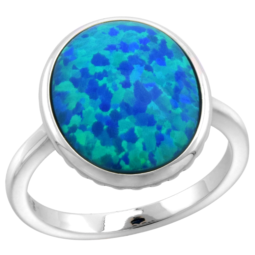 STERLING SILVER SYNTHETIC OPAL 12X15MM BEZEL SET OVAL CABOCHON RING FOR WOMEN 5/16 INCH WIDE SIZES 6-9