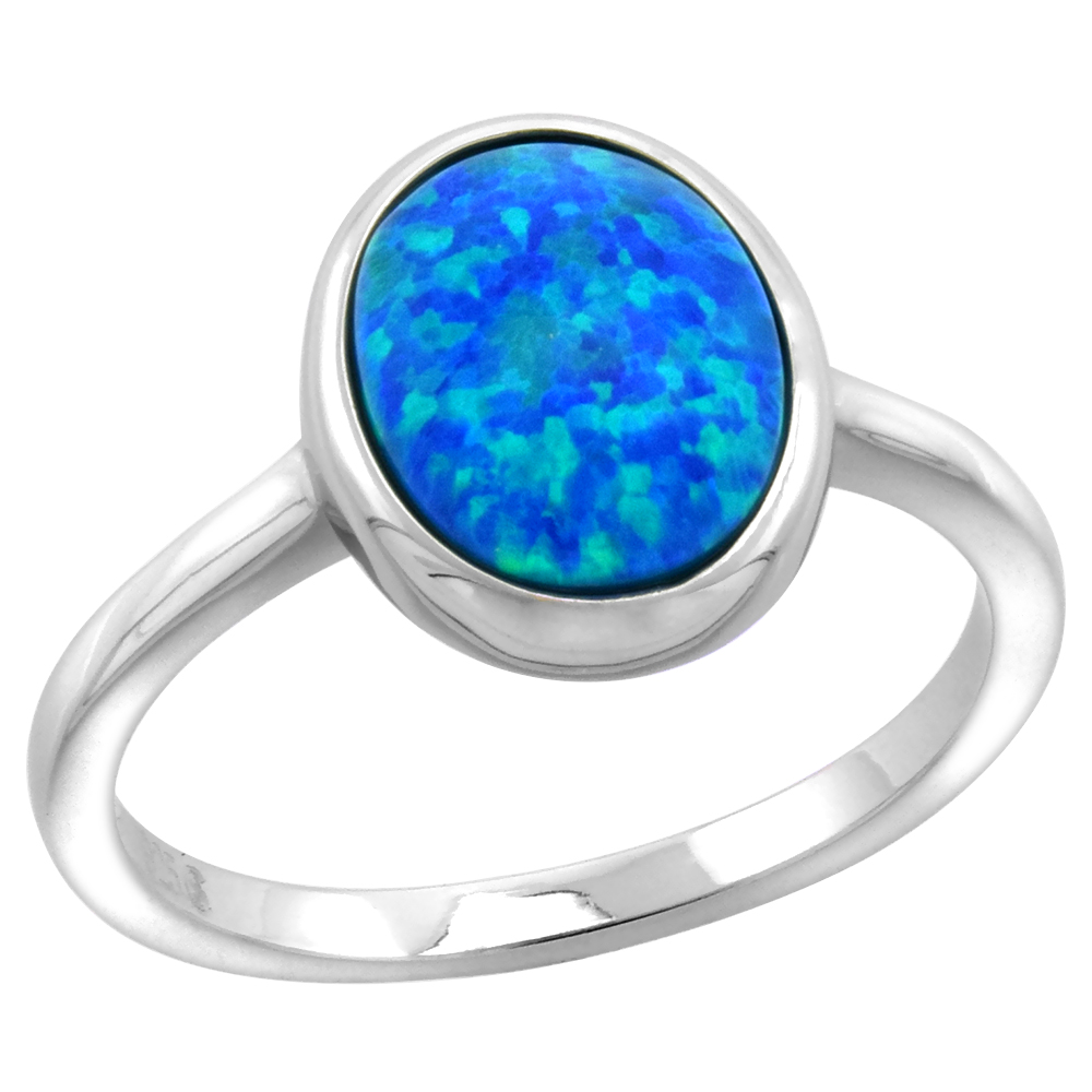 STERLING SILVER SYNTHETIC OPAL 8X10MM BEZEL SET OVAL CABOCHON RING FOR WOMEN 1/2 INCH WIDE SIZES 6-9