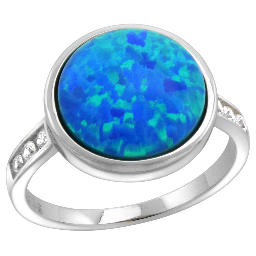 Sterling Silver Synthetic Sterling Silver Synthetic Opal 12mm Round Bezel Set Cabochon Ring for Women Channel Set CZ Shank 1/2 inch round sizes 6-9