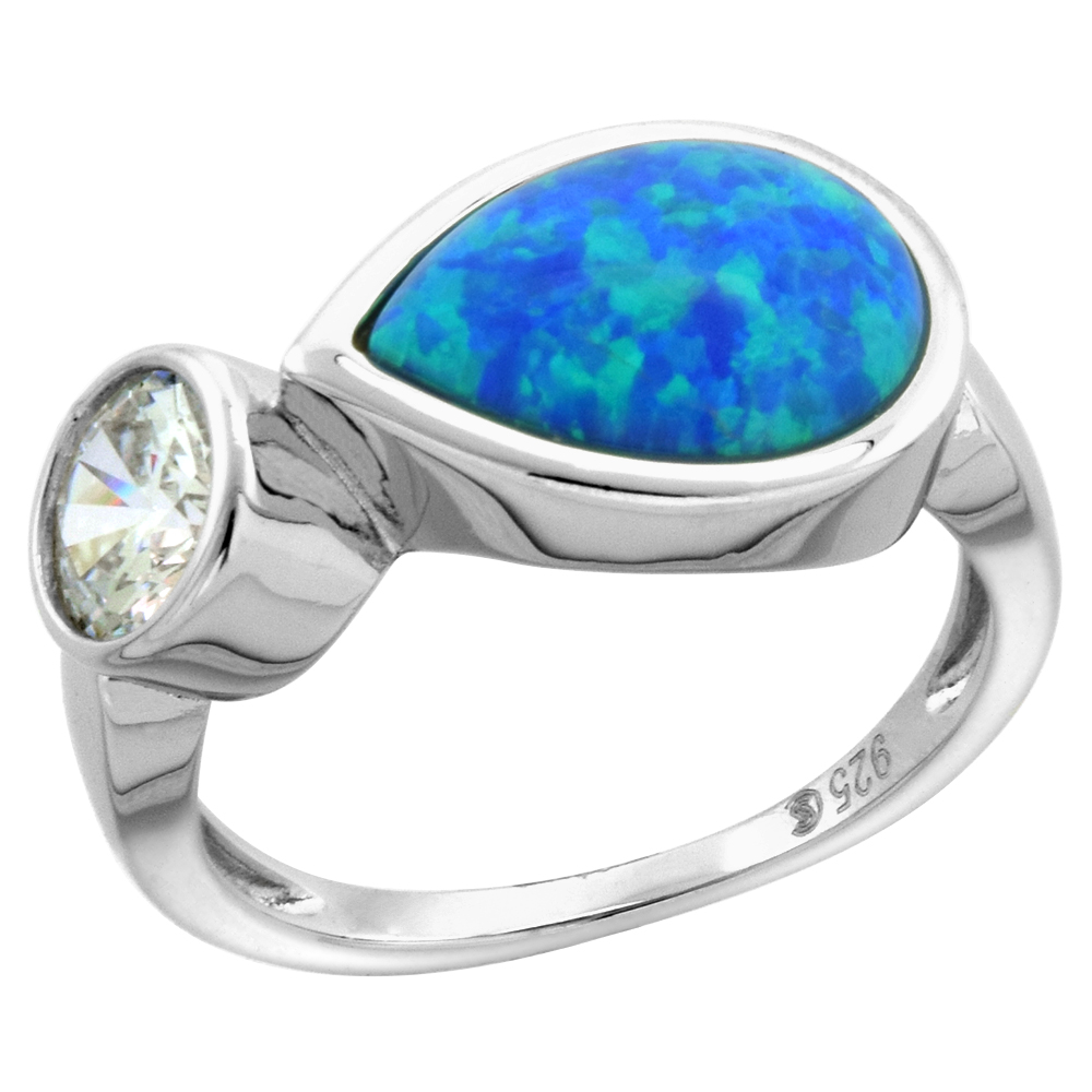 STERLING SILVER SYNTHETIC OPAL CABOCHON TEARDROP RING FOR WOMEN WITH 6MM CZ 7/16 INCH WIDE SIZES 6-9