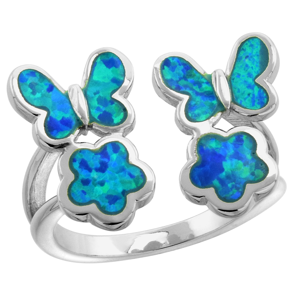 STERLING SILVER SYNTHETIC OPAL BUTTERFLIES AND FLOWERS RING FOR WOMEN 5/8 INCH WIDE SIZES 6-9