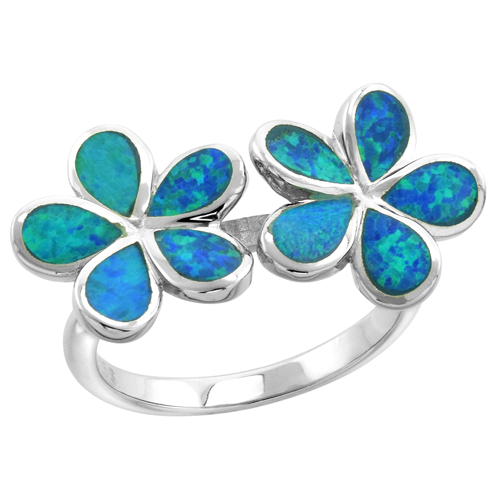 STERLING SILVER SYNTHETIC OPAL DOUBLE PLUMERIA RING FOR WOMEN 1 INCH WIDE SIZES 6-9