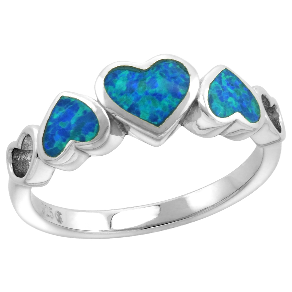 STERLING SILVER SYNTHETIC OPAL 3 HEARTS RING FOR WOMEN 1/4 INCH WIDE SIZES 6-9