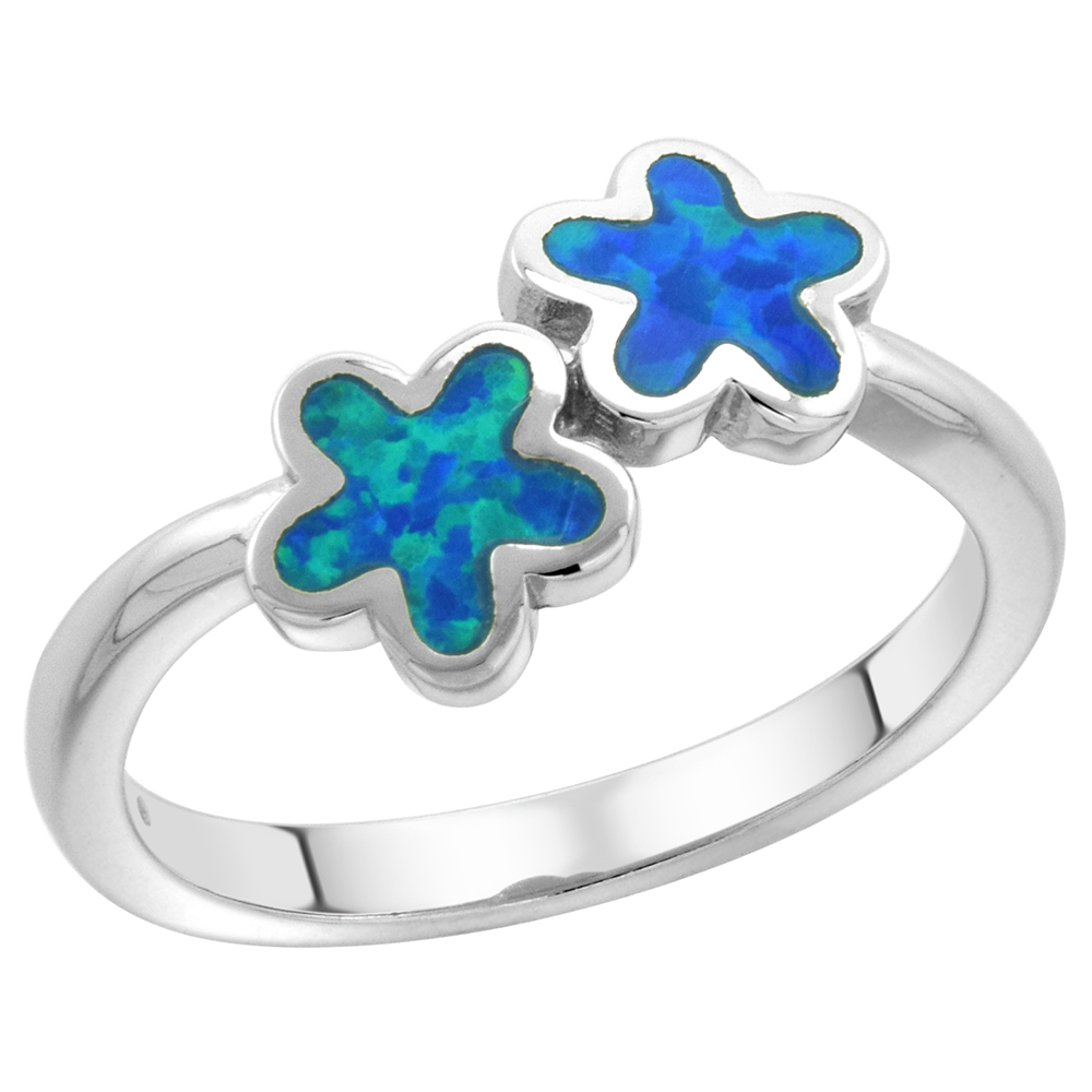 Sterling Silver Synthetic Opal Double Flower Ring for Women 5/16 inch wide sizes 6-9