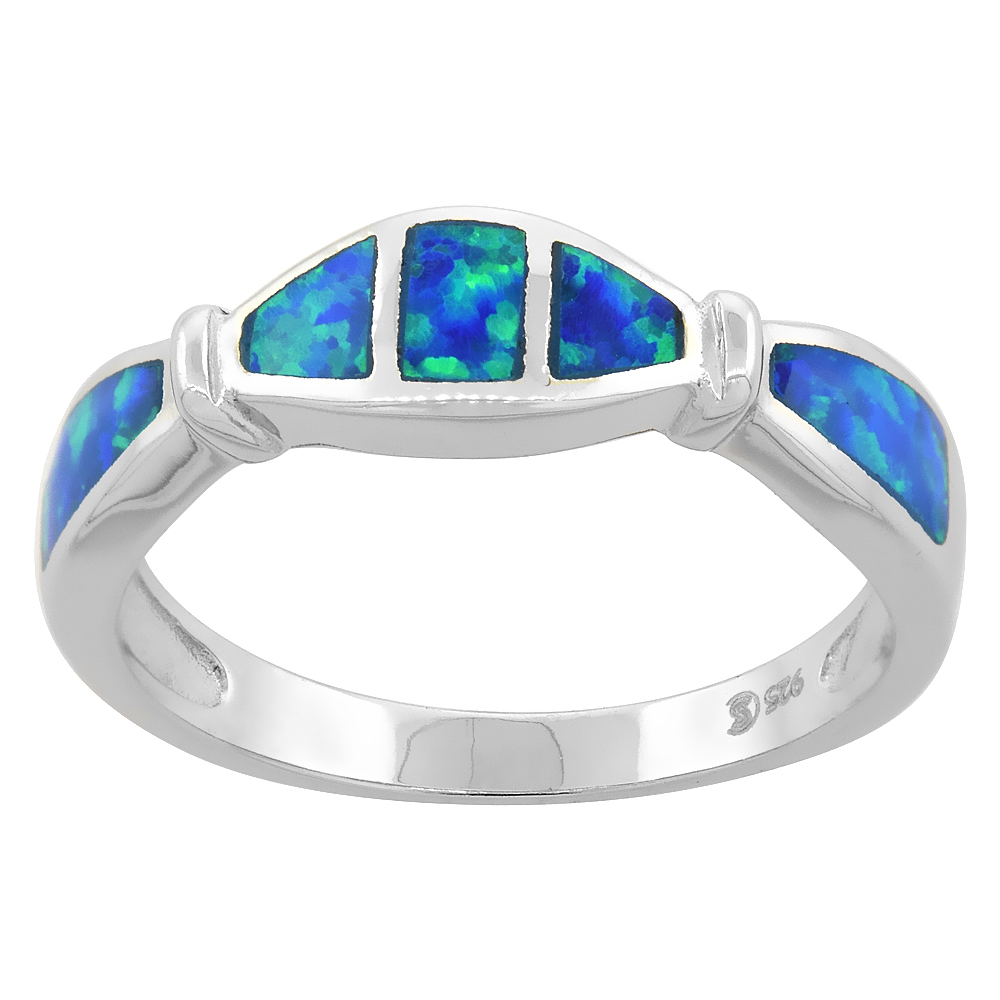 STERLING SILVER BLUE SYNTHETIC OPAL PINCHED BAND RING FOR WOMEN 3/16 INCH