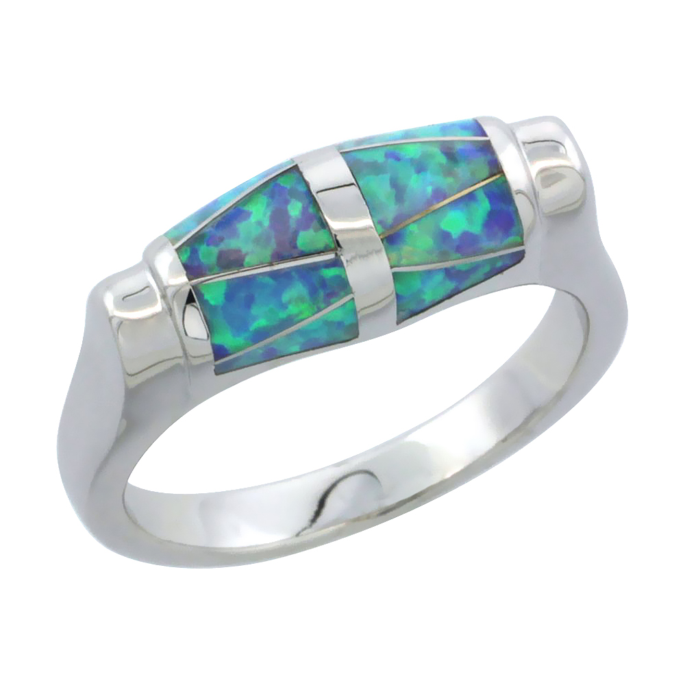 STERLING SILVER BLUE SYNTHETIC OPAL BARREL RING FOR WOMEN 1/4 INCH