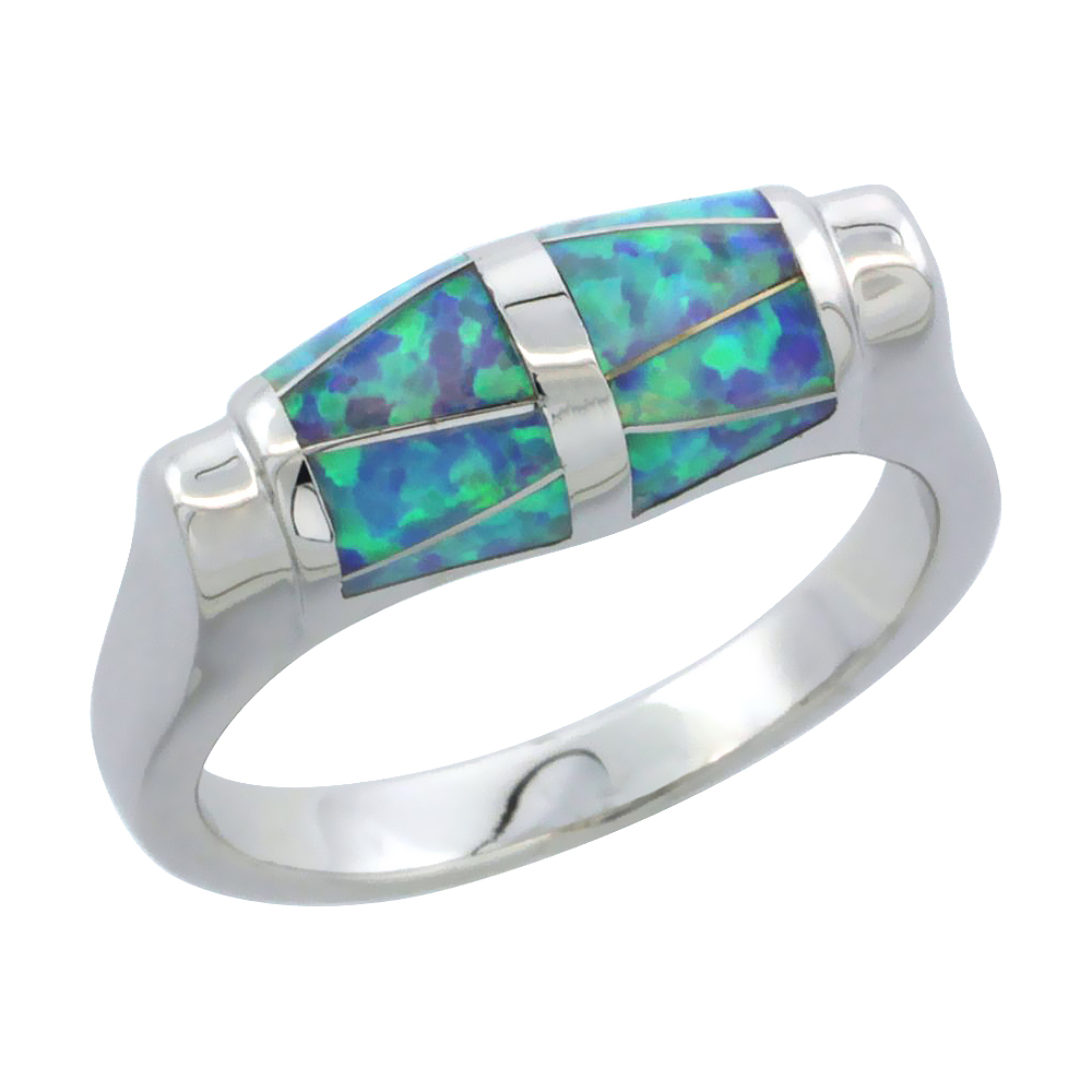 Sterling Silver Blue Synthetic Opal Barrel Ring for Women 1/4 inch