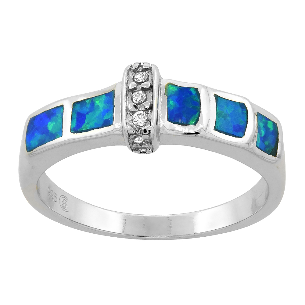 DAINTY STERLING SILVER BLUE SYNTHETIC OPAL RING FOR WOMEN CZ CENTER SQURE INLAYS 3/16 INCH