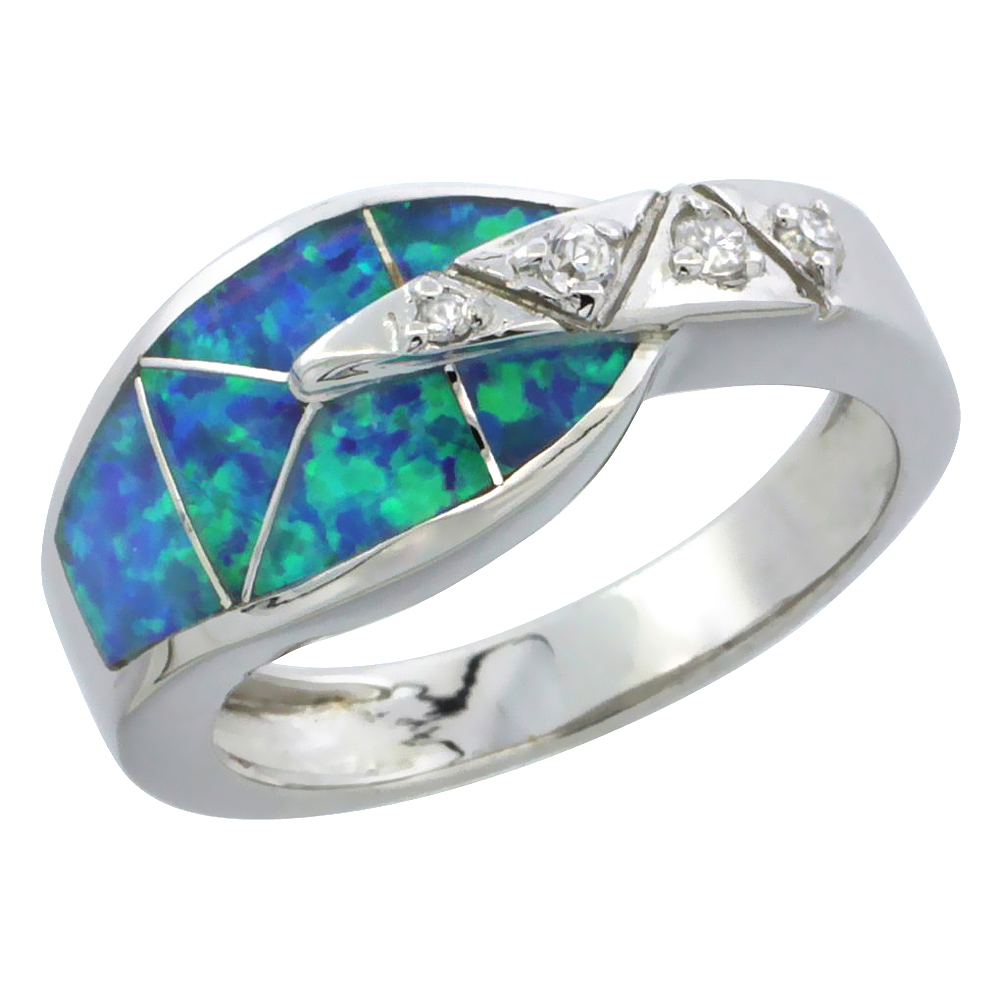 STERLING SILVER BLUE SYNTHETIC OPAL SNAKE RING FOR WOMEN CZ ACCENT 3/8 INCH