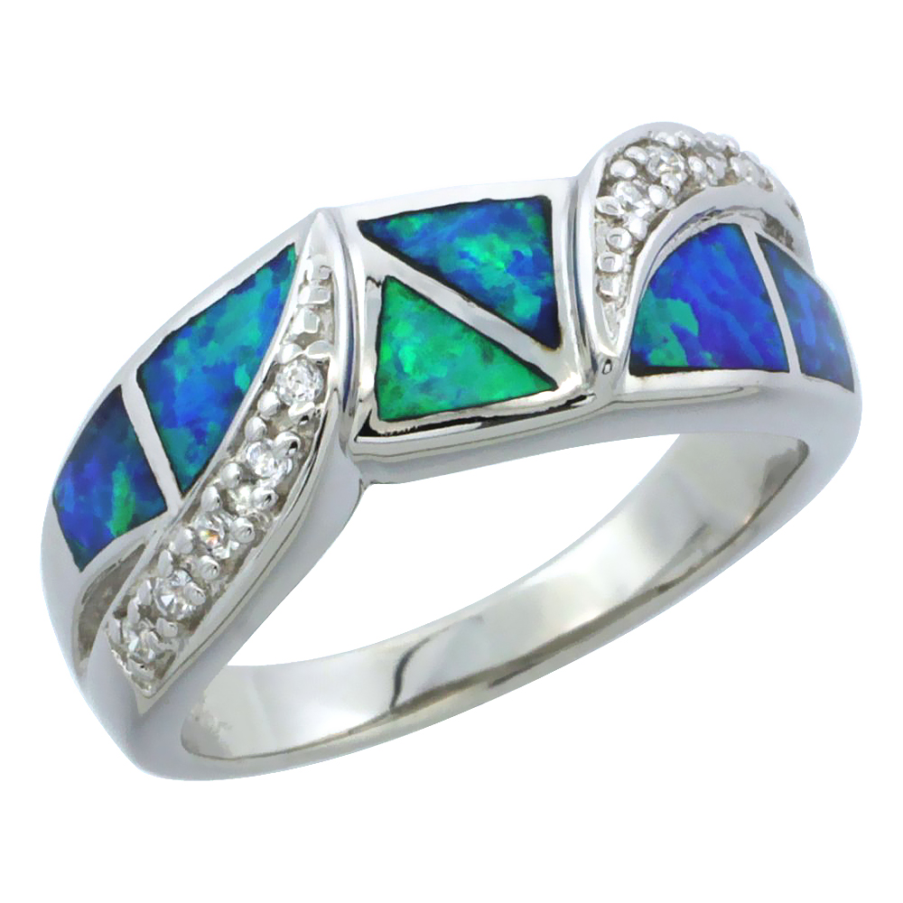 STERLING SILVER BLUE SYNTHETIC OPAL BYPASS RING FOR WOMEN CZ ACCENT 5/16 INCH