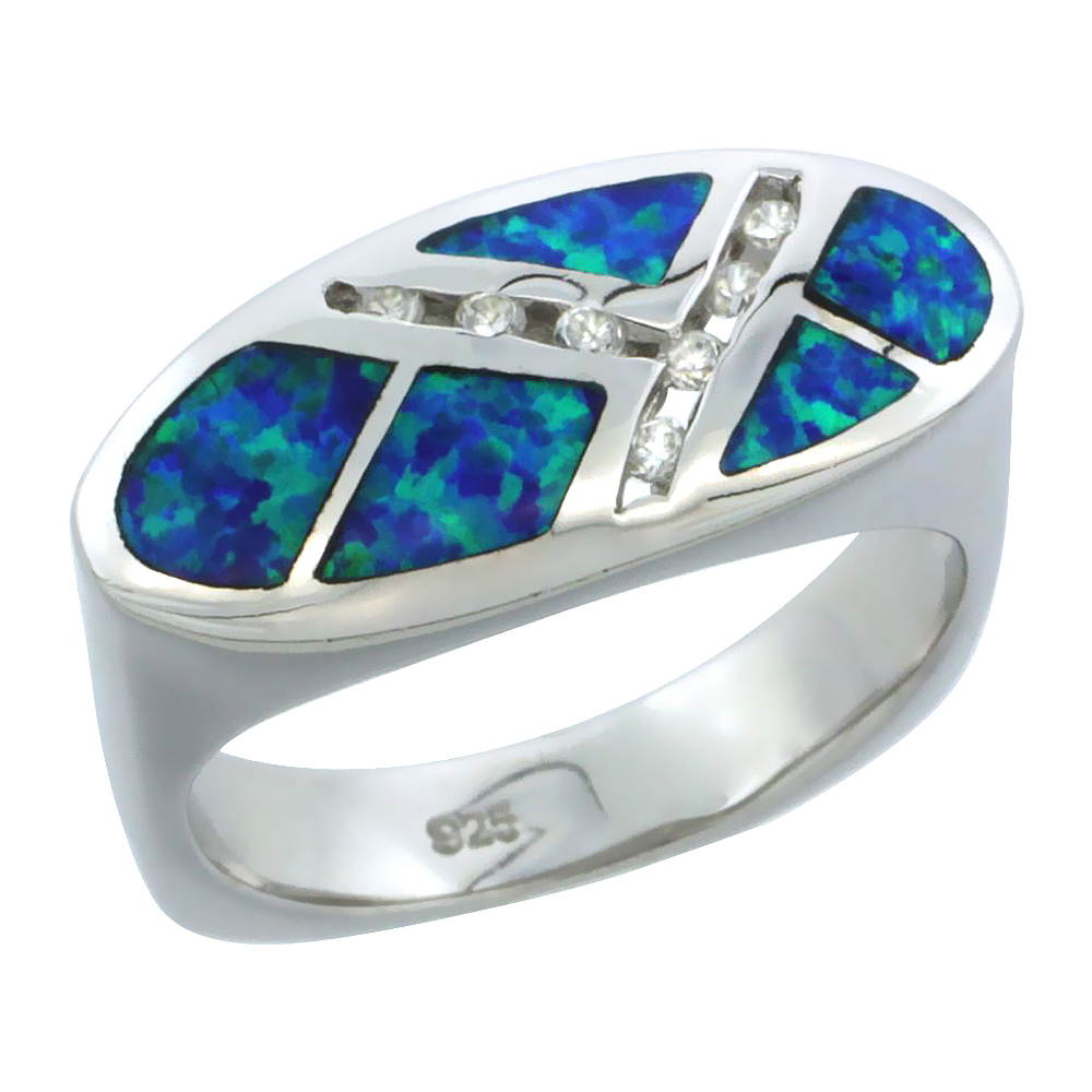 STERLING SILVER BLUE SYNTHETIC OPAL FLAT OVAL RING FOR WOMEN CZ ACCENT 3/8 INCH