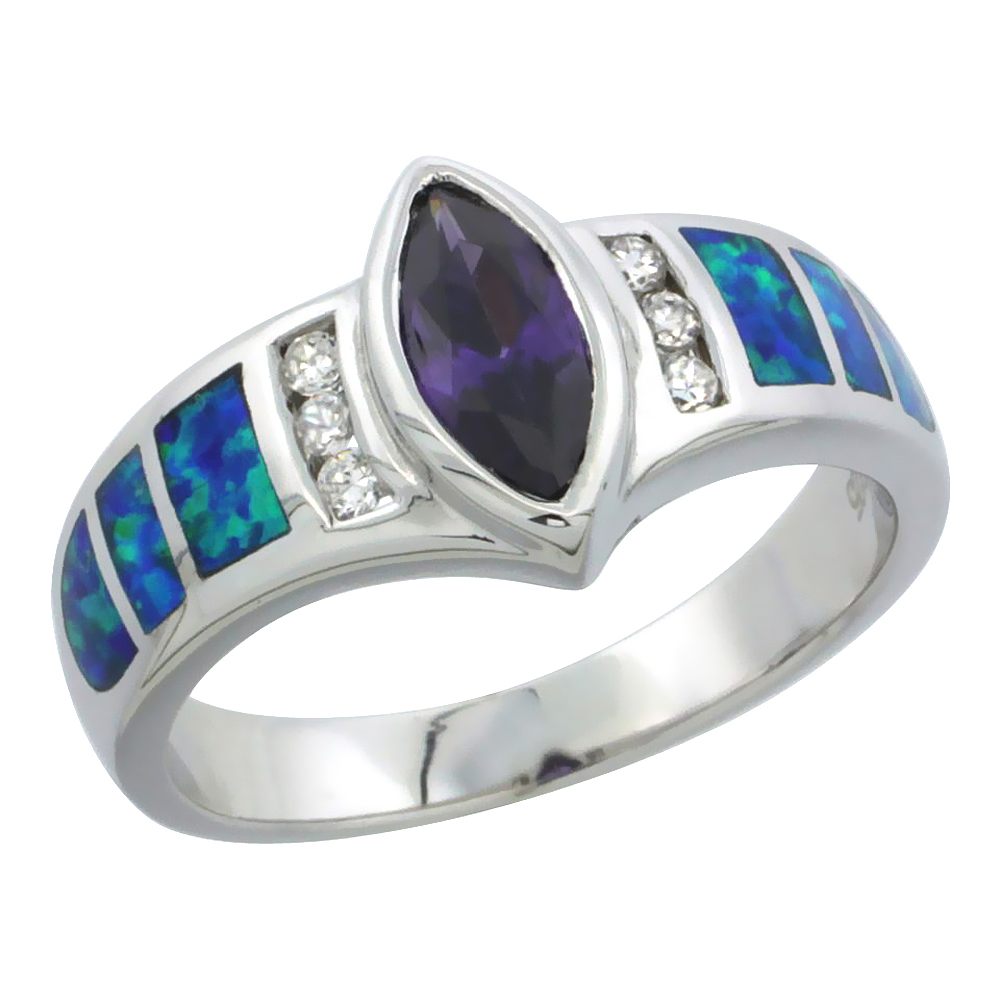 STERLING SILVER MARQUISE AMETHYST CZ SYNTHETIC OPAL RING FOR WOMEN 1/4 INCH