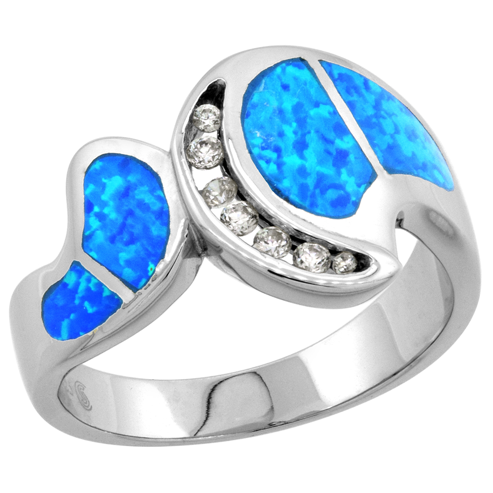 STERLING SILVER BLUE SYNTHETIC OPAL WIDE BYPASS RING FOR WOMEN CZ ACCENT 1/2 INCH