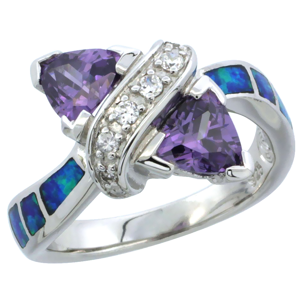 STERLING SILVER TRILLION CUT AMETHYST CZ BLUE SYNTHETIC OPAL BYPASS RING FOR WOMEN 7/16 INCH