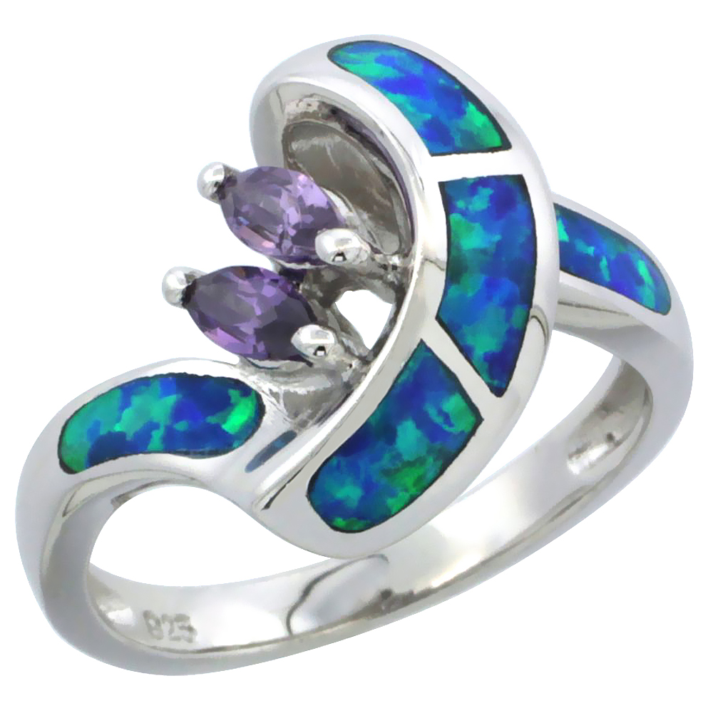 Sterling Silver Blue Synthetic Opal Marquise Cut Ring for Women Amethyst CZ Center 1/2 inch