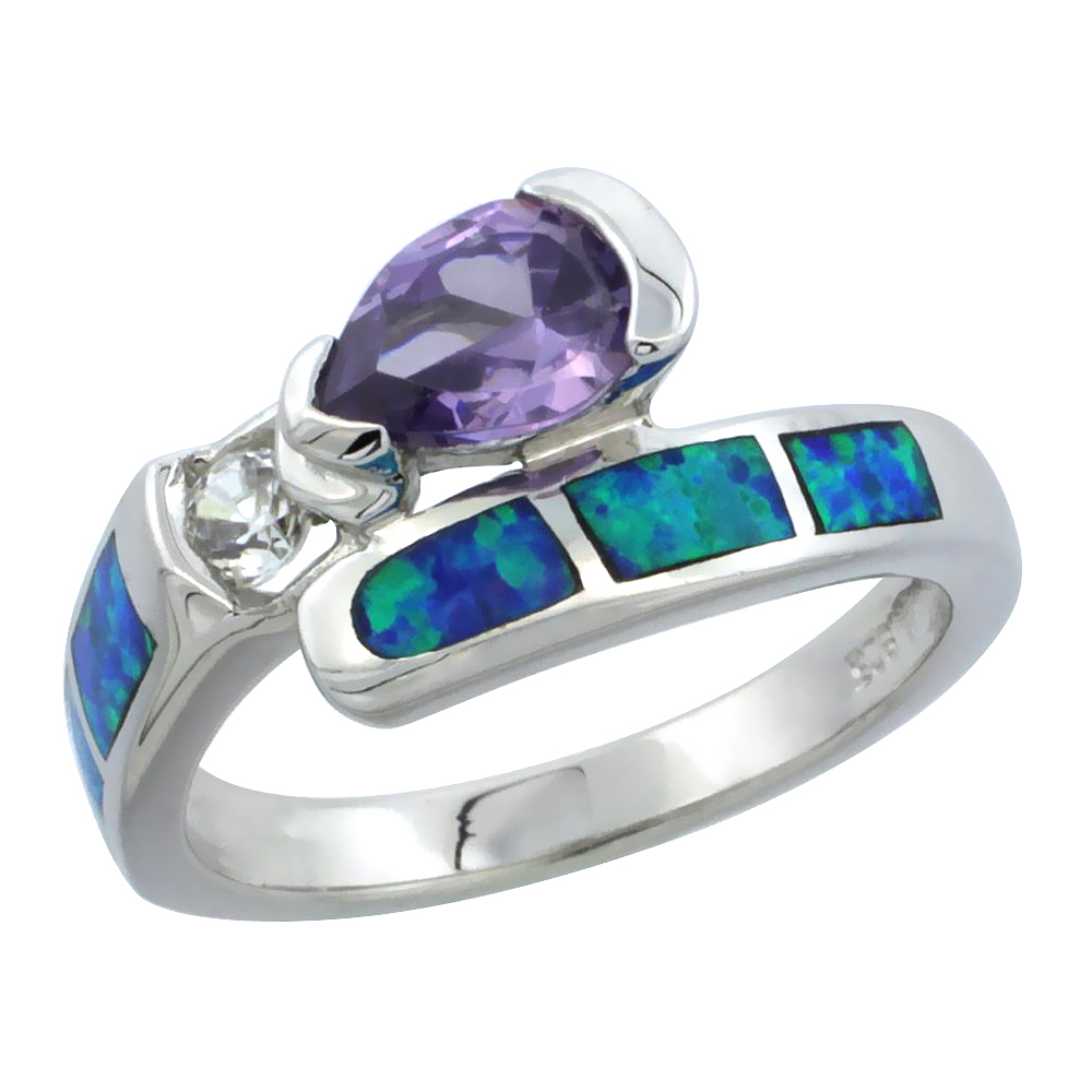 STERLING SILVER BLUE SYNTHETIC OPAL TEARDROP BYPASS RING FOR WOMEN AMETHYST CZ 3/8 INCH